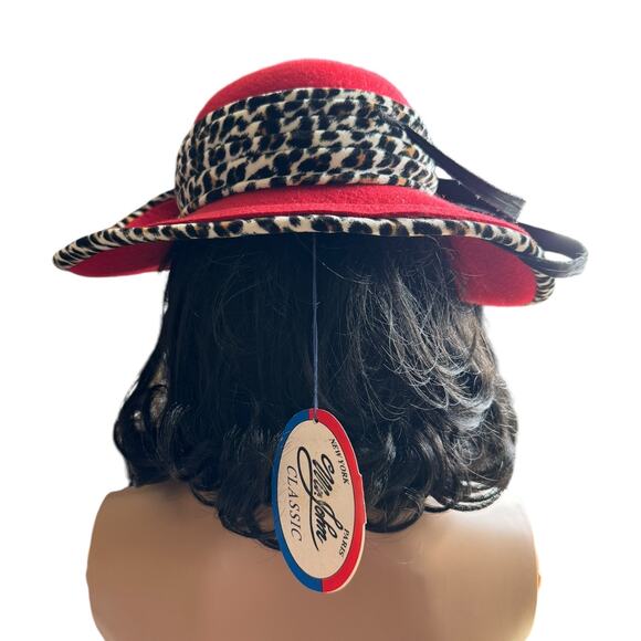 NWT Vintage 1960's Mr. John Classic Hat Red with animal print & large feathers - Picture 7 of 15
